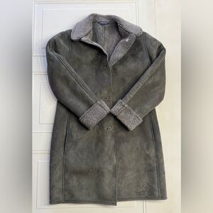 Lands End Women’s Sz Small Green Sherpa Lined Suede Feel Long Jacket Warm